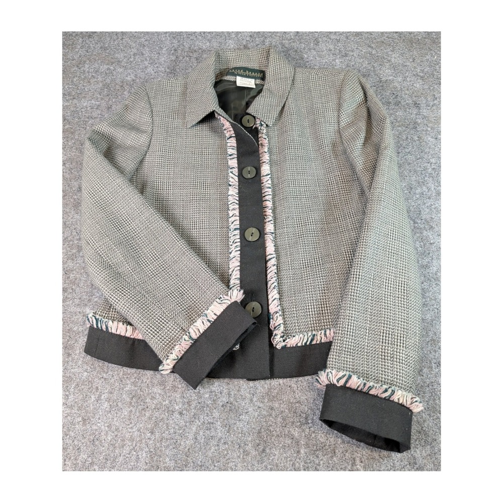 Harve Benard Wool Jacket Grey Plaid Fringe Trim Button Front Size 4 EUC